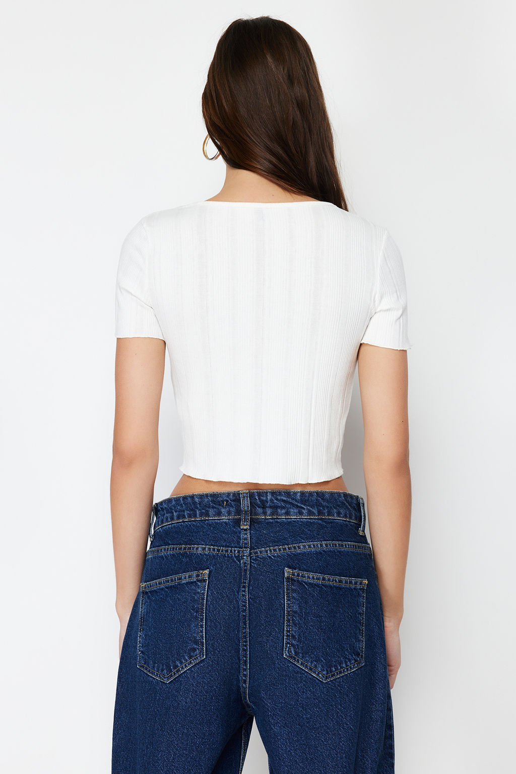 Ekru Patl? Crop Havuz Yaka Fitilli Esnek Orme Bluz TWOSS24BZ00364
