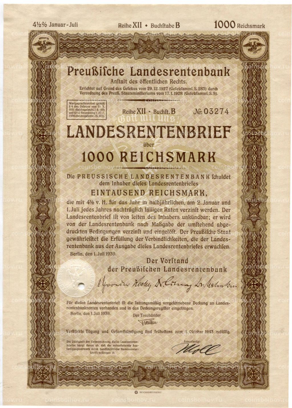 Облигация 4,5% 1000 рейхсмарок 1939 года Германия