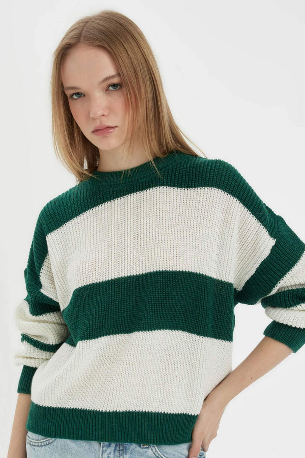 Coool Oversize Fit Cizgili Bisiklet Yaka Kazak - Defacto фото 2