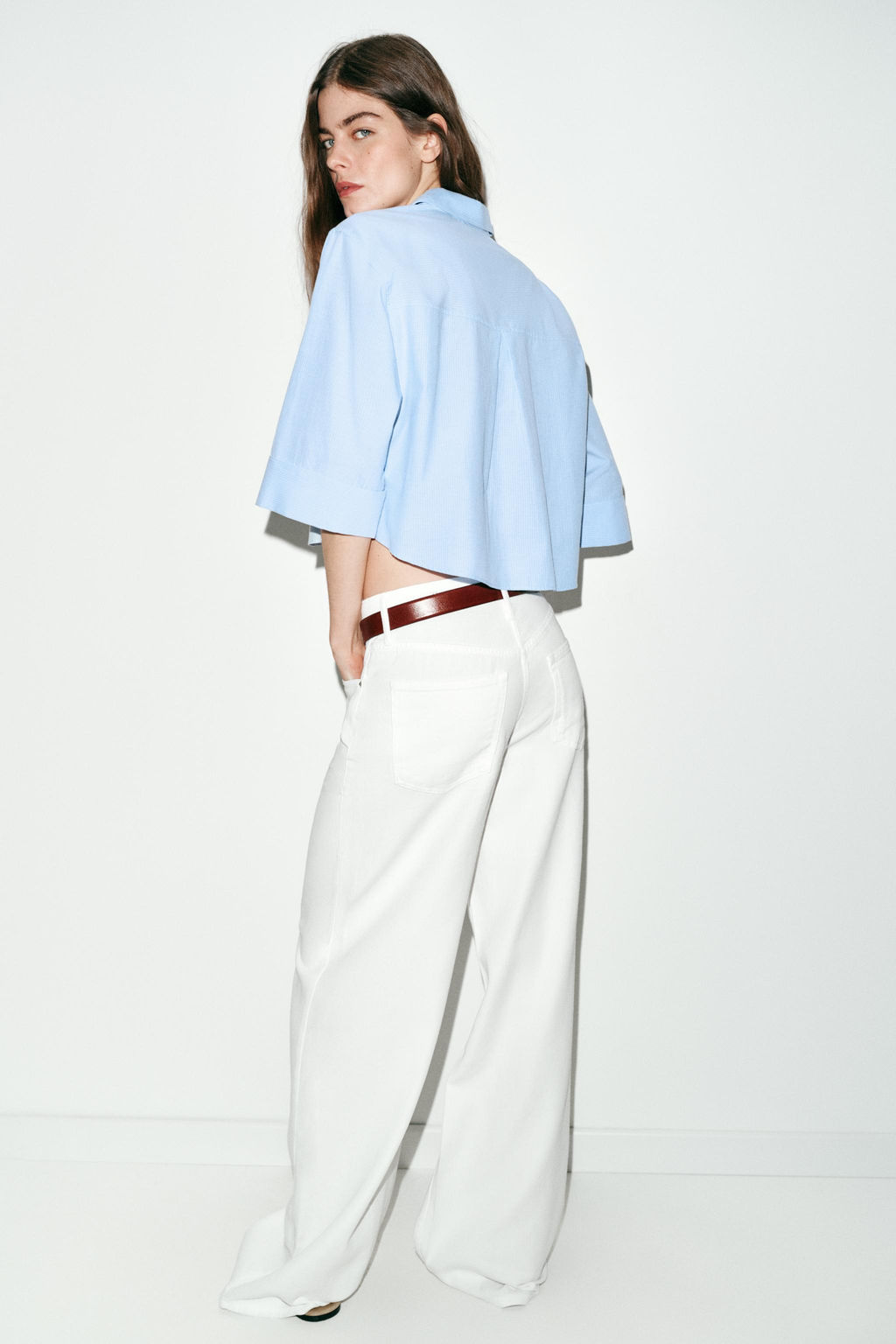 CAMISA CORTA TAPETAS RAYAS / Blanco / Celeste - Zara фото 5