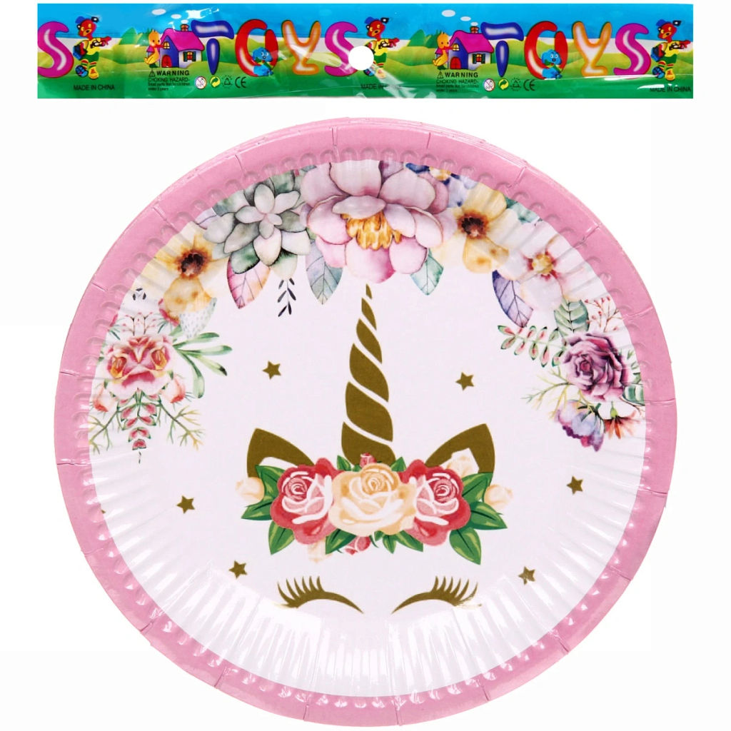 Цена за 6 шт. Тарелка бумажная 18 см в наборе 10 шт "Единорожка в цветах" розовая