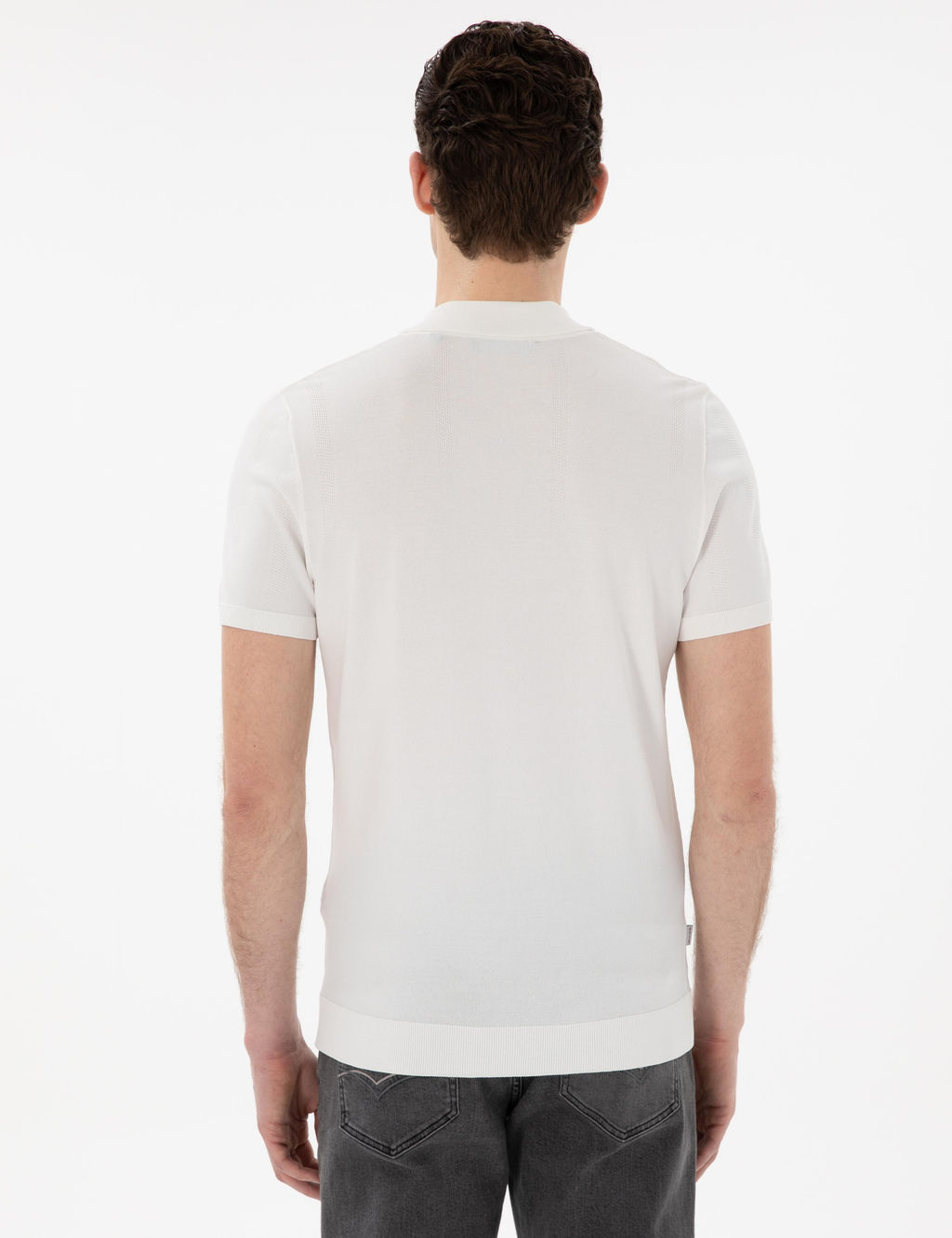 Ekru Slim Fit Fermuarl_ Polo Yaka Triko Ti__rt