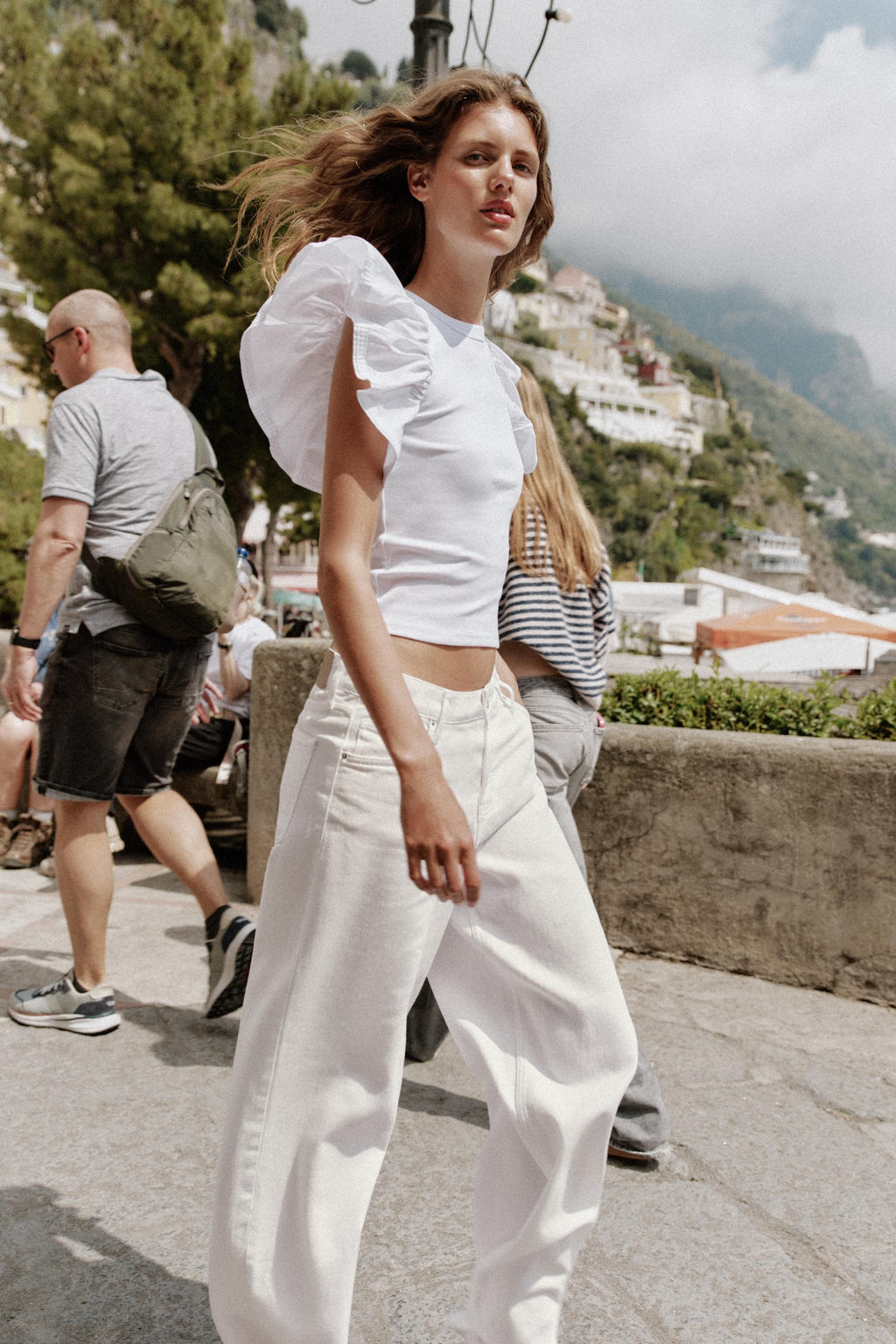 CAMISETA COMBINADA RIB VOLANTES / Blanco