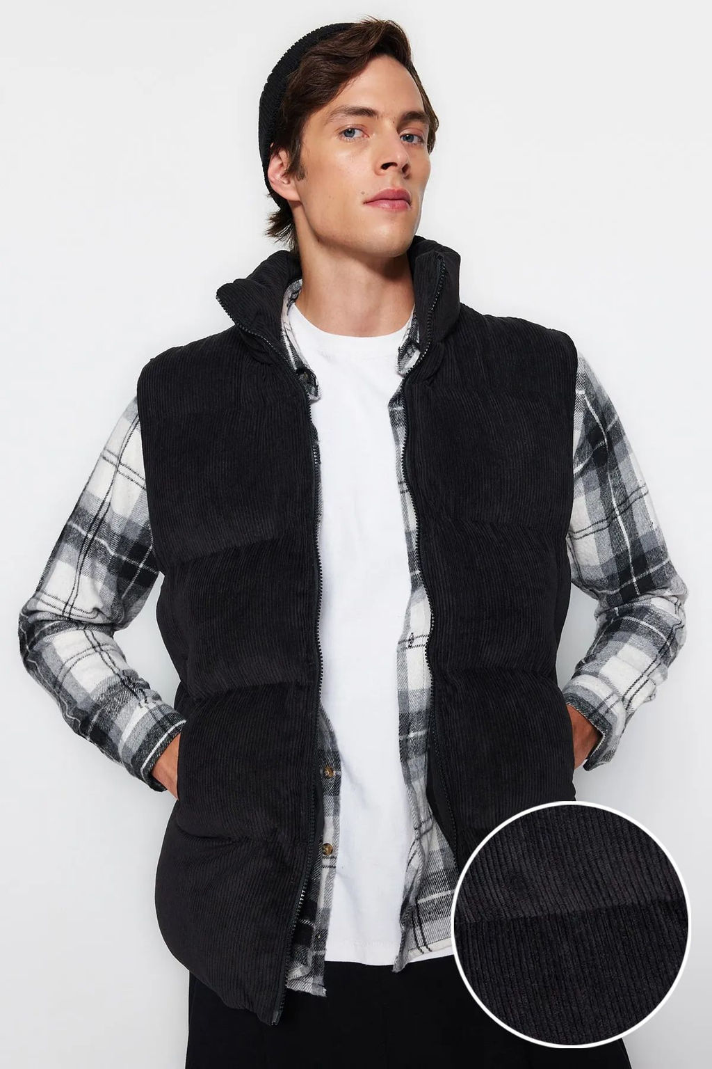 Trendyolmilla Man Siyah Erkek Regular Fit K?sl?k Kadife Yelek TMNAW23YE00013