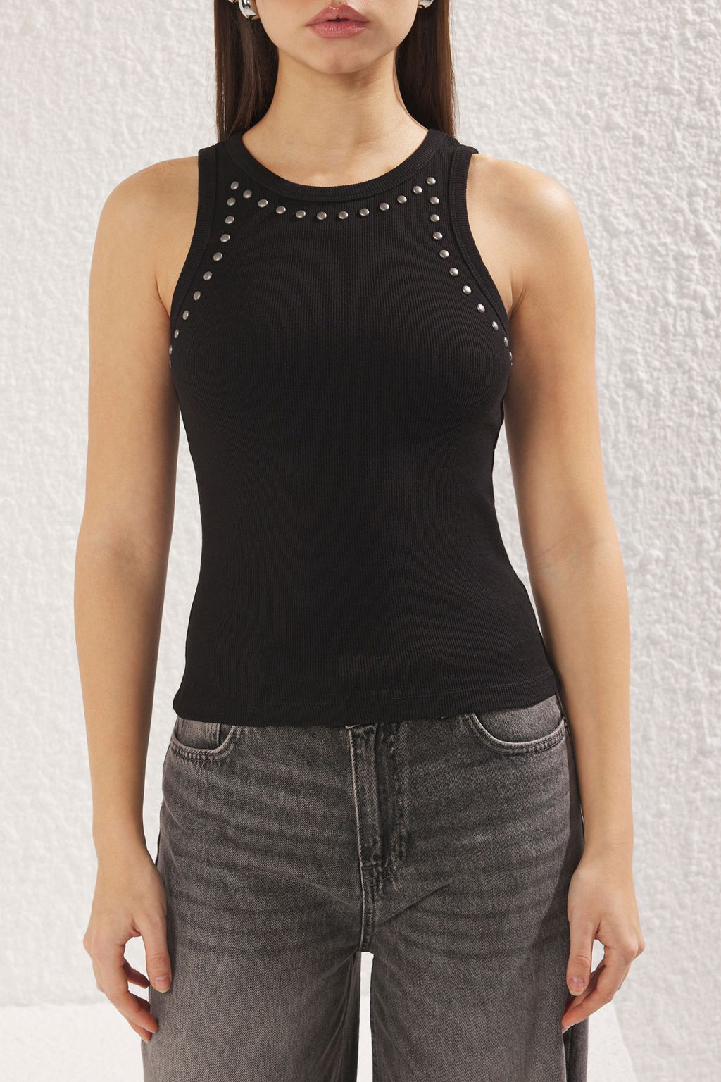 Siyah Z?mba Detayl? Fitted/Vucuda Oturan Fitilli Esnek Orme Atlet TWOSS25AL00008 - Trendyolmilla фото 3