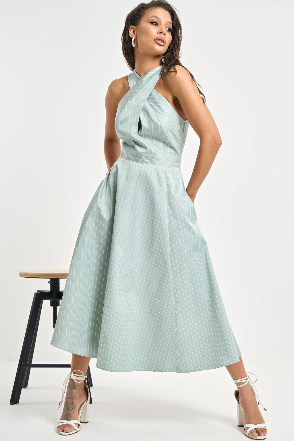 Сарафан хлопковый в полоску светло-зеленый