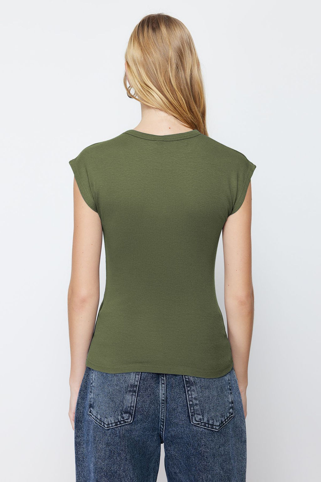 Haki Viskoz/Yumusak Kumas Fitted/Vucuda Oturan Ay Kol Esnek Orme Bluz TWOSS23BZ00992