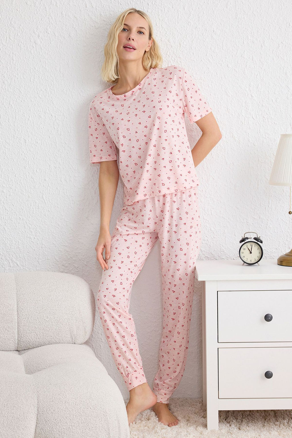 Trendyolmilla Bej Kalp Desenli Orme Pijama Tak?m? THMSS25PT00148  фото 2