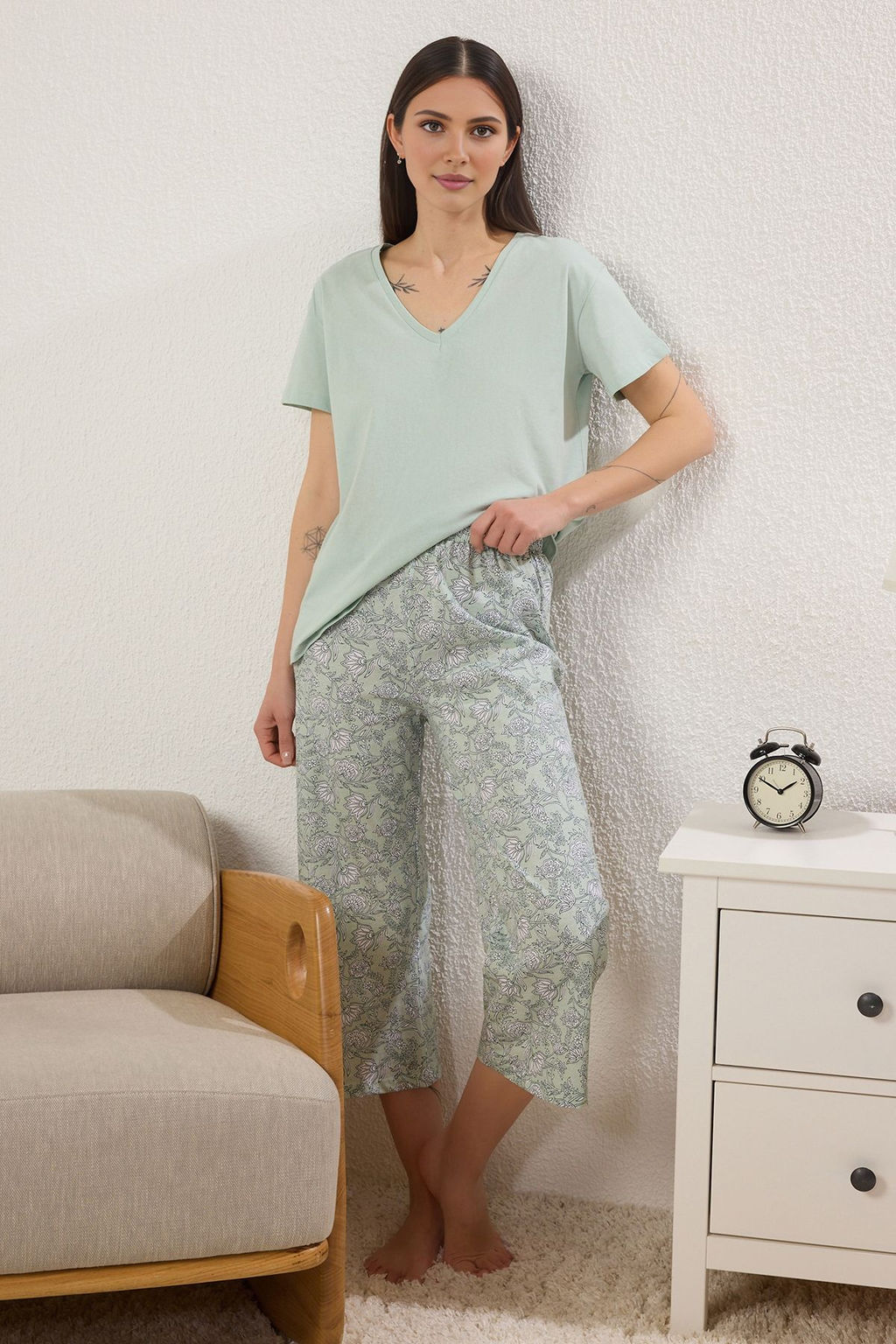 Trendyolmilla Sar? Cicekli Kapri Orme Pijama Tak?m? THMSS24PT00210 фото 15