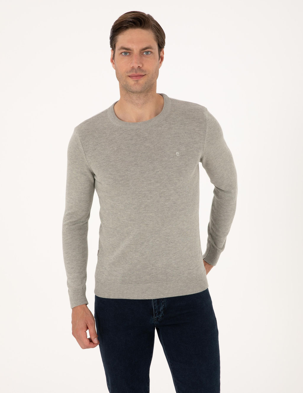 A__k Gri Melanj Slim Fit Bisiklet Yaka Basic Triko Kazak