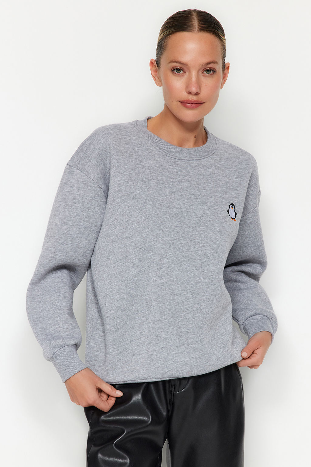 Gri Animal Nak?sl? Regular/Normal Kal?p Kal?n Ici Polarl? Orme Sweatshirt TWOAW24SW00196