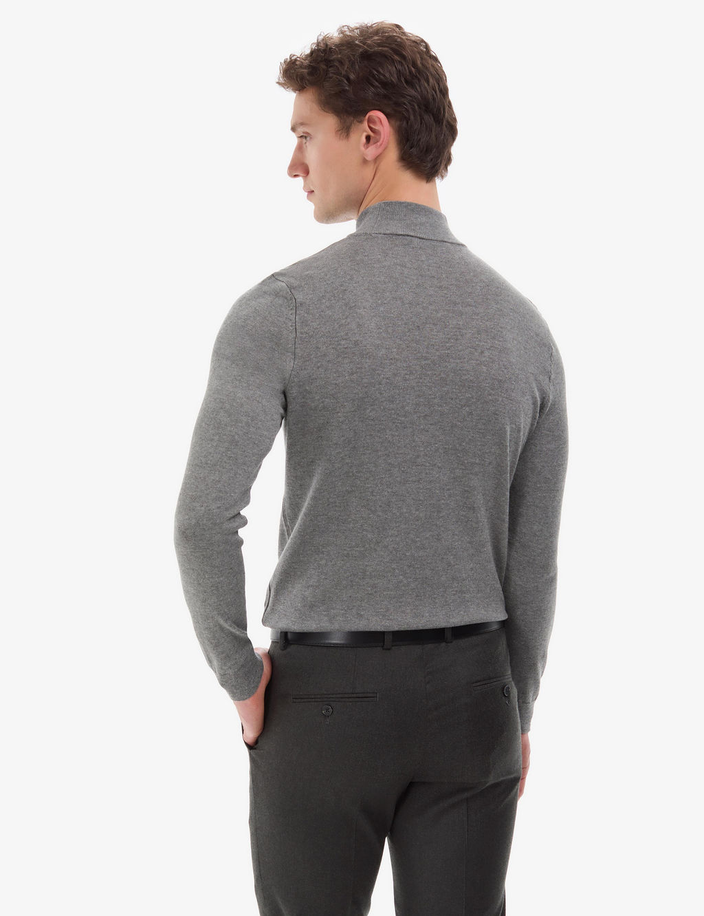 Gri Melanj Slim Fit Yar_m Bal_k__ Yaka Basic Triko Kazak