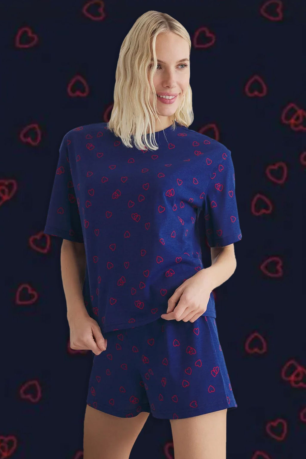 Trendyolmilla Lacivert %100 Pamuklu Kalpli Sortlu Orme Pijama Tak?m? THMSS25PT00222