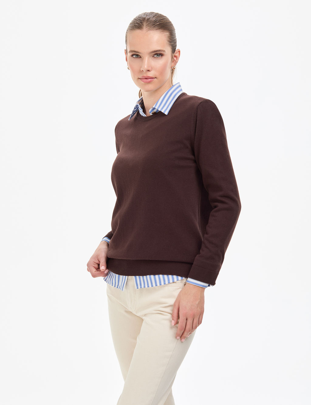Kahverengi Comfort Fit Bisiklet Yaka Basic Kazak