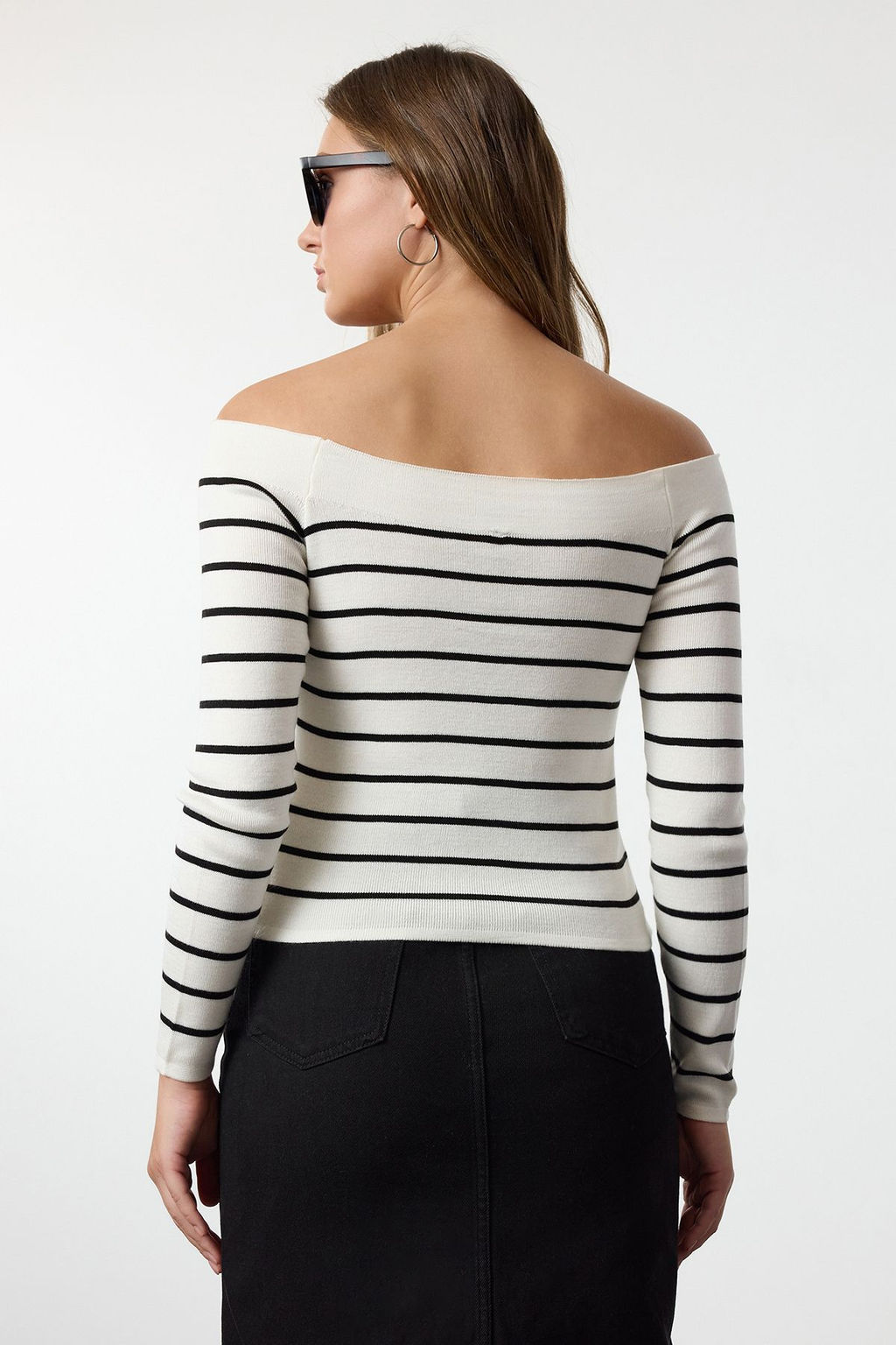 Ekru Kay?k Yaka Cizgili Triko Kazak TWOAW25KZ00360 - Trendyolmilla фото 5