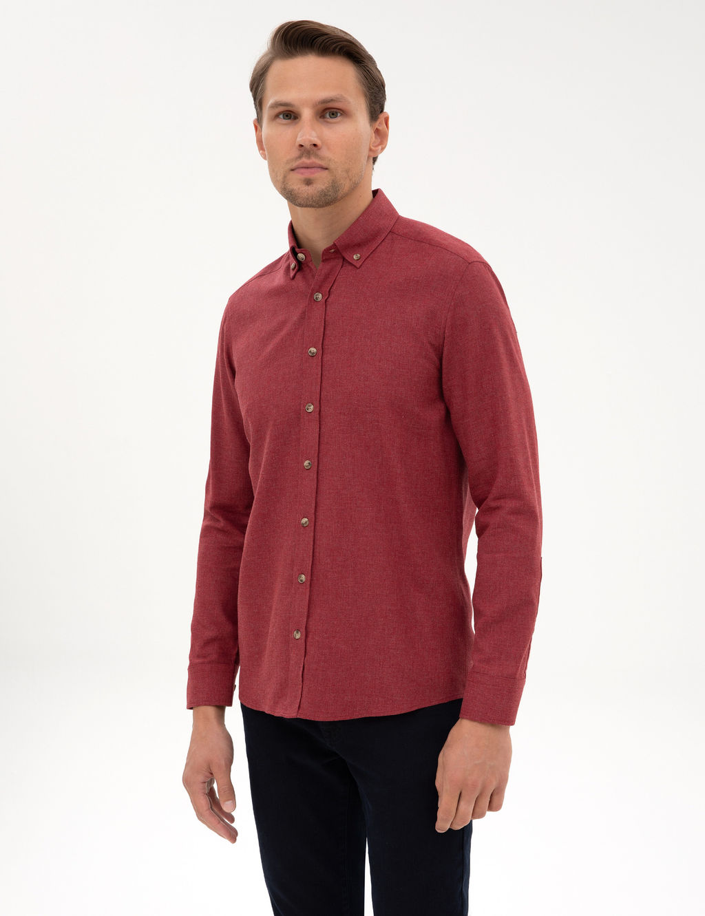 Bordo Flanel Dokulu Slim Fit Uzun Kollu G_mlek