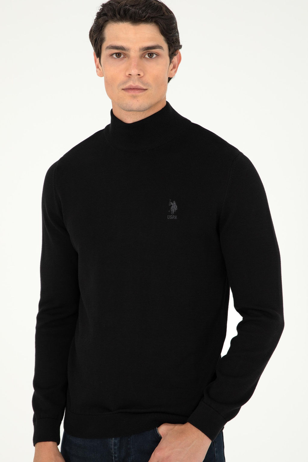 Erkek Slim Fit Yar_m Bo_azl_ Siyah Basic Kazak