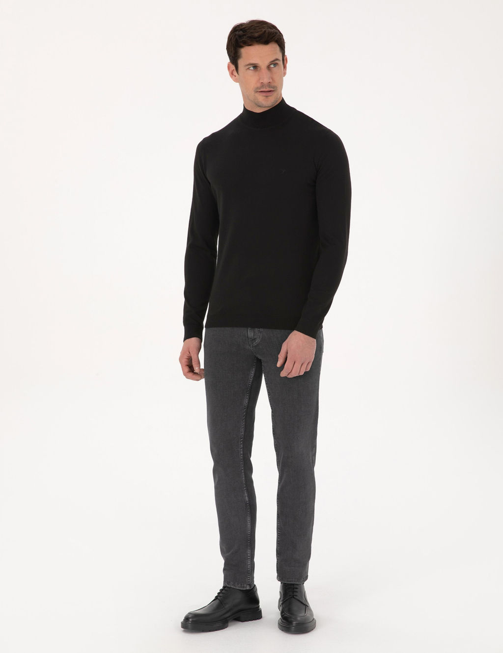 Siyah Slim Fit Pamuk Kar___ml_ Yar_m Bal_k__ Yaka Basic Triko Kazak
