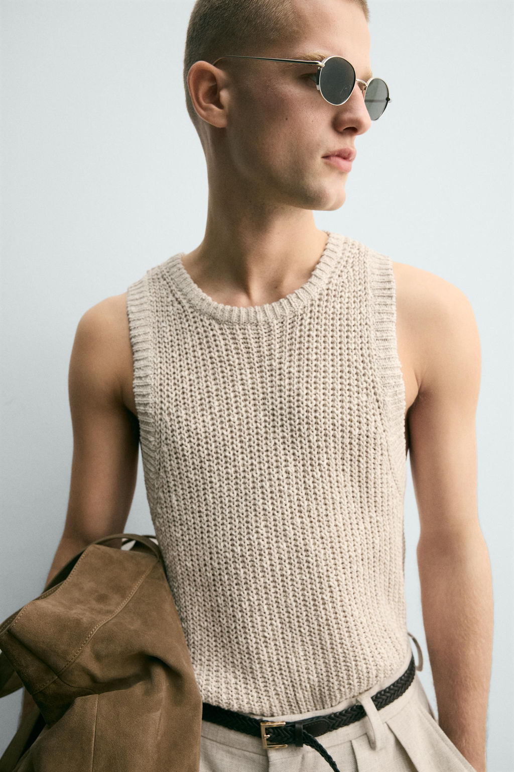 CAMISETA TANK ESTRUCTURA PUNTO ALGOD?N - LINO / Beige claro