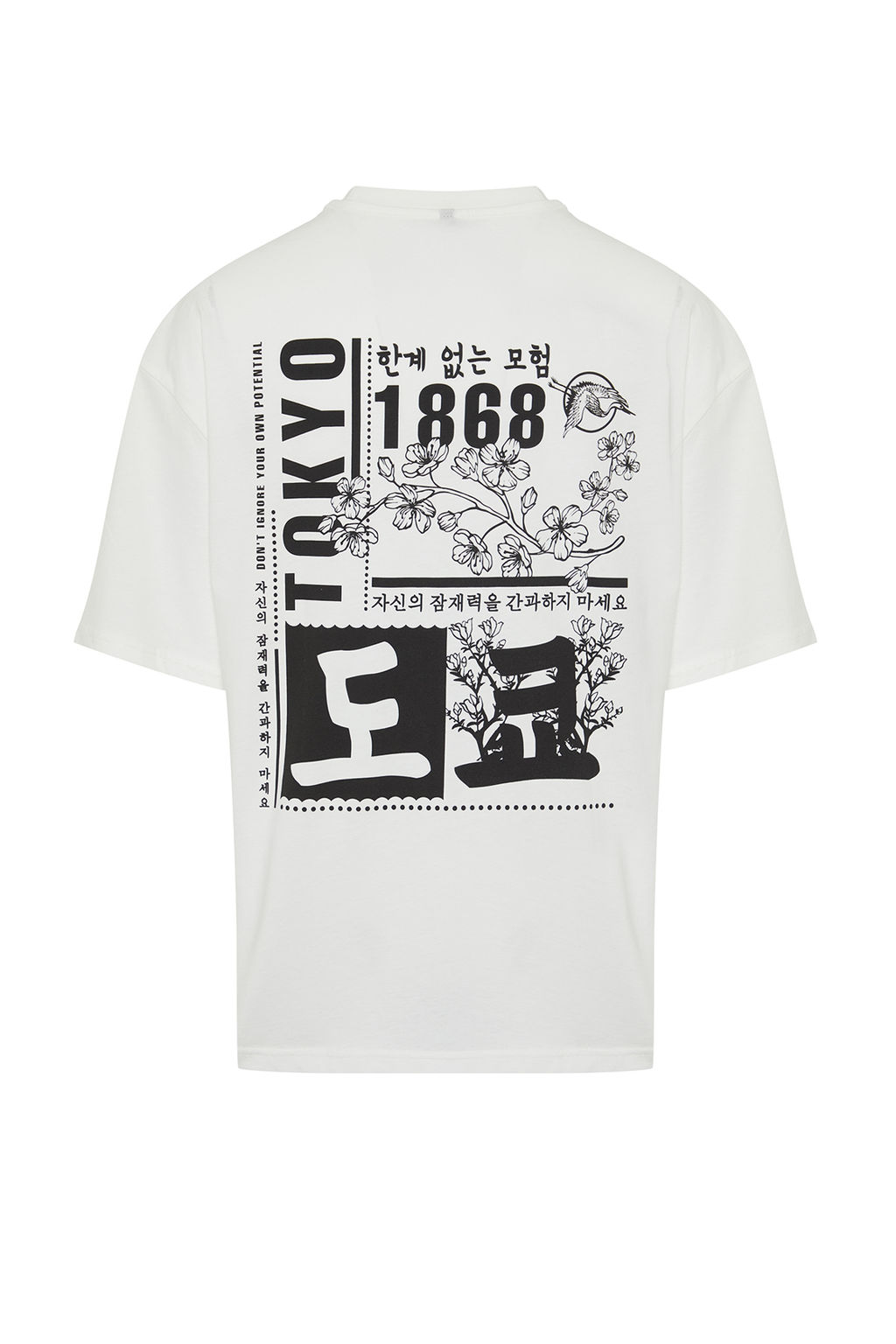 Ekru Oversize/Genis Kesim Uzak Dogu Bask?l? K?sa Kol %100 T-Shirt TMNSS23TS00170