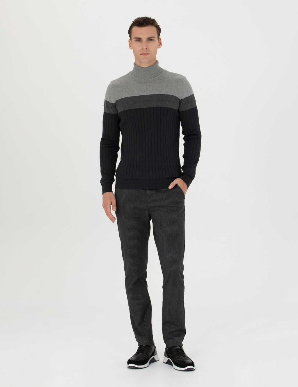 Antrasit Slim Fit _izgili Kanvas Pantolon
