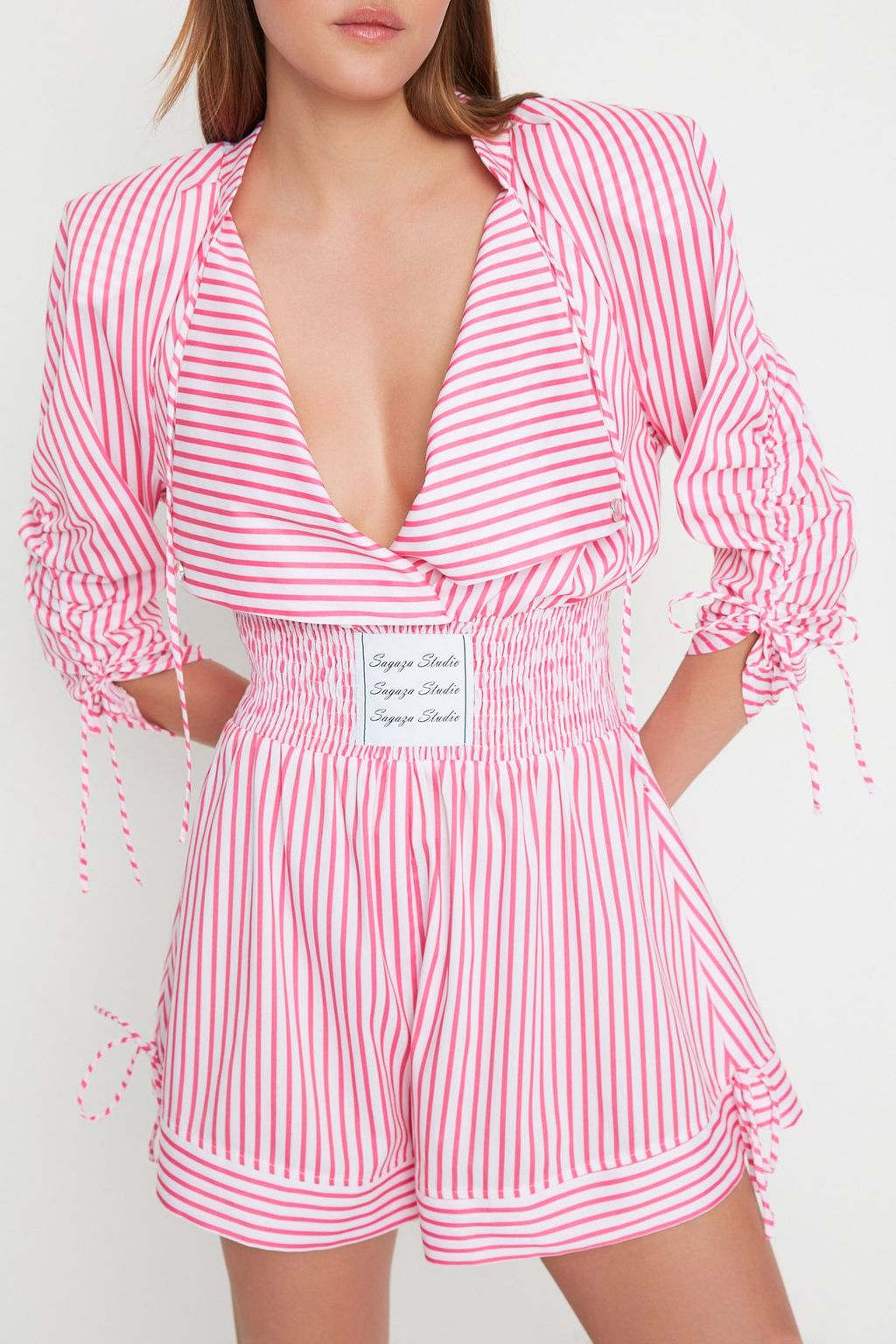 Trendyolmilla X Sagaza Studio Pembe-Beyaz Cizgili Poplin Tulum TPRSS22TU00000  фото 6