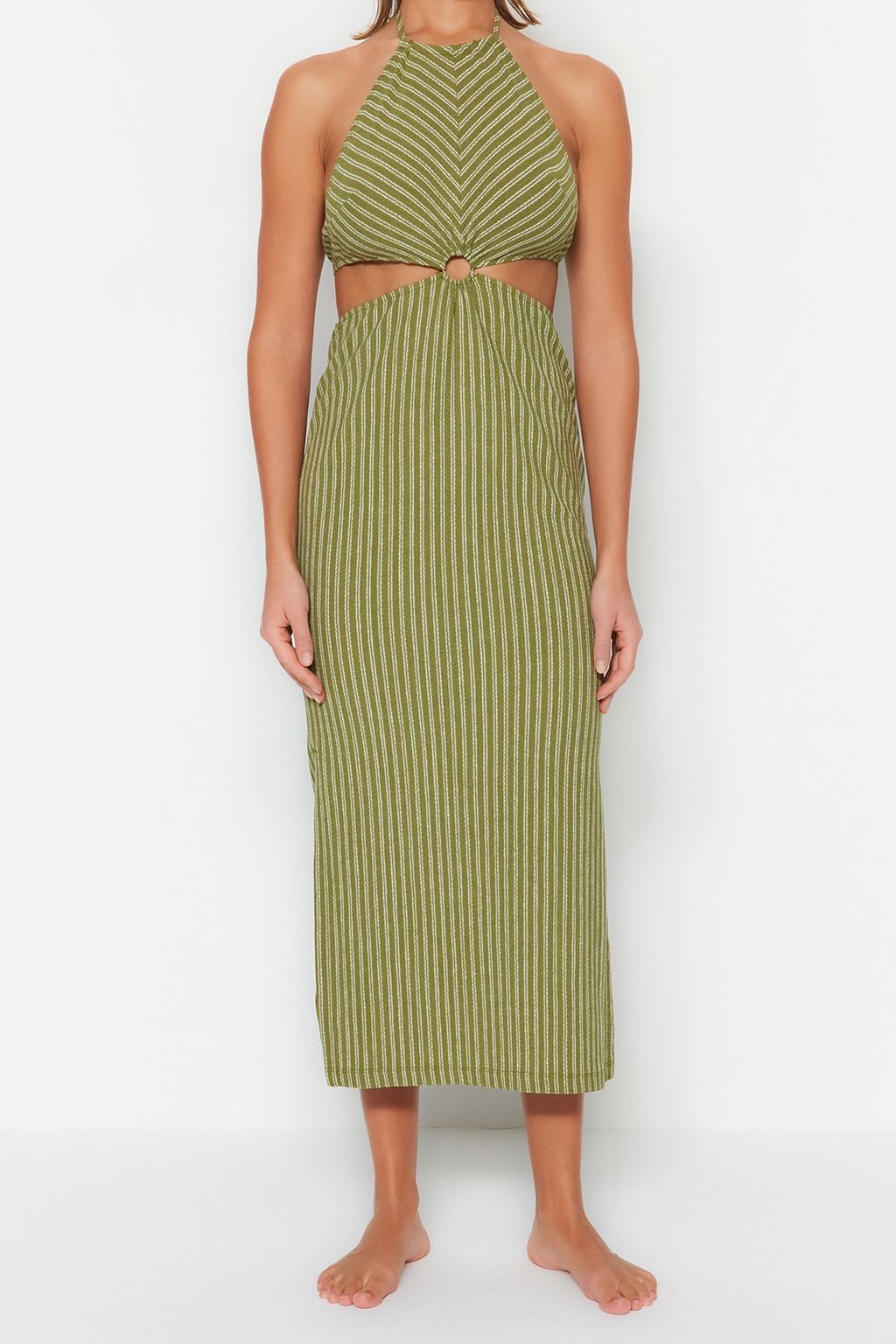 TRENDYOLMILLA Yesil Cizgili Maxi Orme Dokulu Aksesuarl? Plaj Elbisesi TBESS23EL00066 фото 4