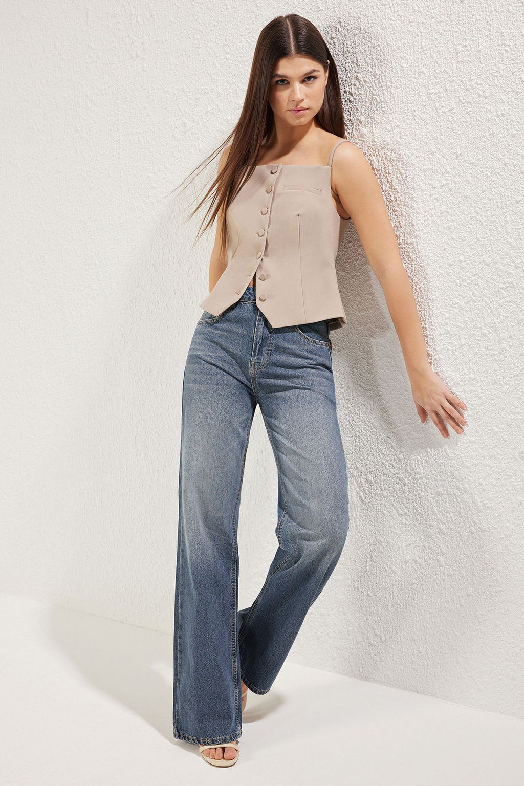 Indigo Solukt Efekt Vintage Yuksek Bel Wide Leg Jeans TWOAW24JE00089