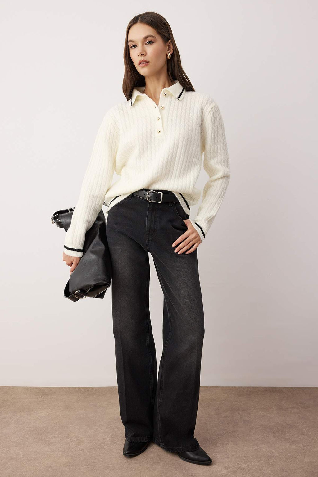 Ekru Premium Iplik/Ozel Iplik Polo Yaka Yumusak Dokulu Triko Kazak TWOAW26KZ00236 - Trendyolmilla фото 2