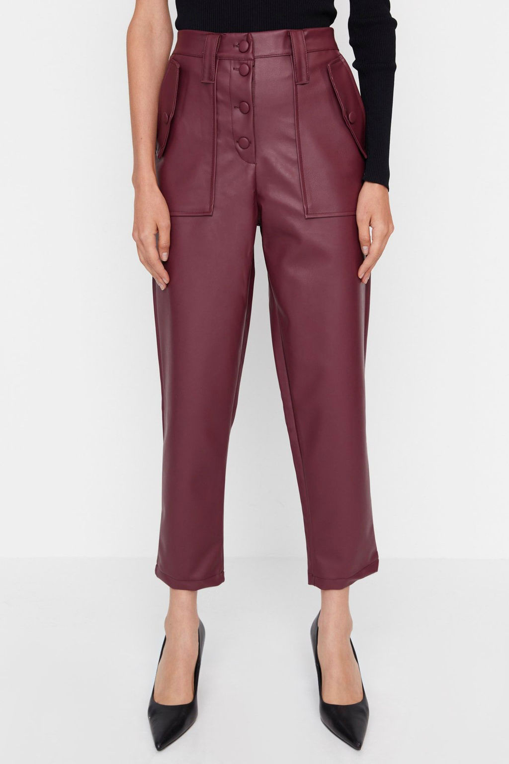 Limited Edition Bordo Havuc Dokuma Onden Dugmeli Suni Deri Pantolon TWOAW22PL0083