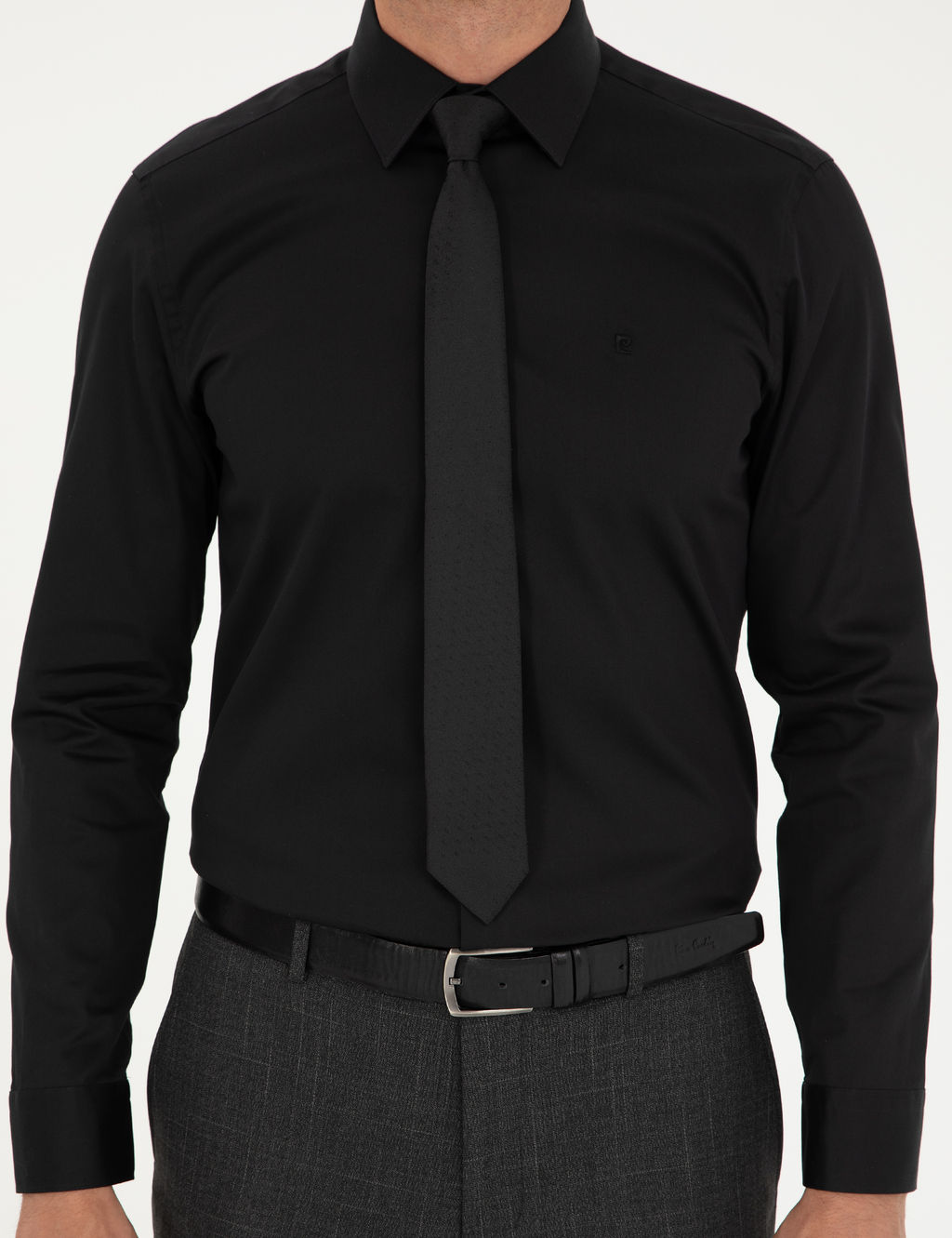 Siyah %100 Pamuk Parlak Saten Slim Fit Uzun Kollu Basic G_mlek
