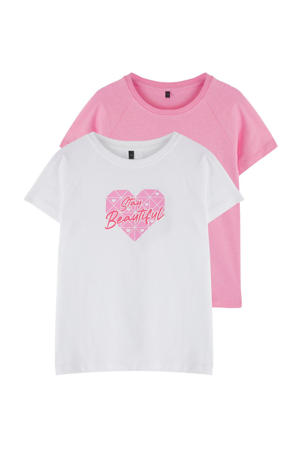 Beyaz-Pembe 2li K?z Cocuk %100 Pamuk Slogan Bask?l? K?sa Kol Orme T-Shirt TKDSS25TS00091