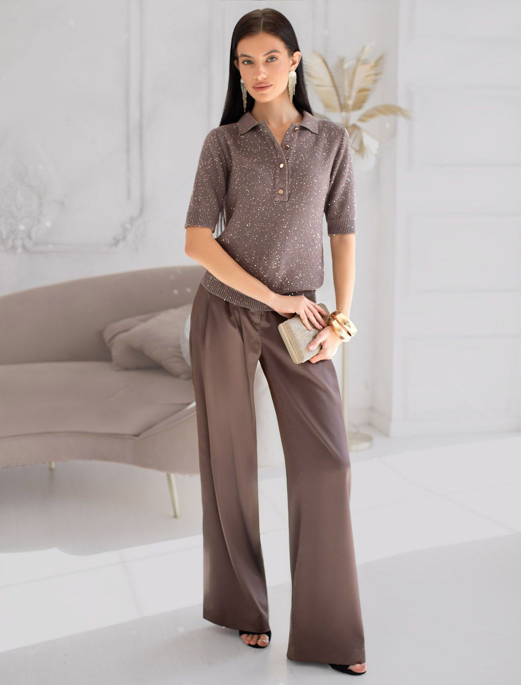 Джемпер поло с застежкой на пуговицы из хлопковой пряжи с пайетками - Vilatte фото 5