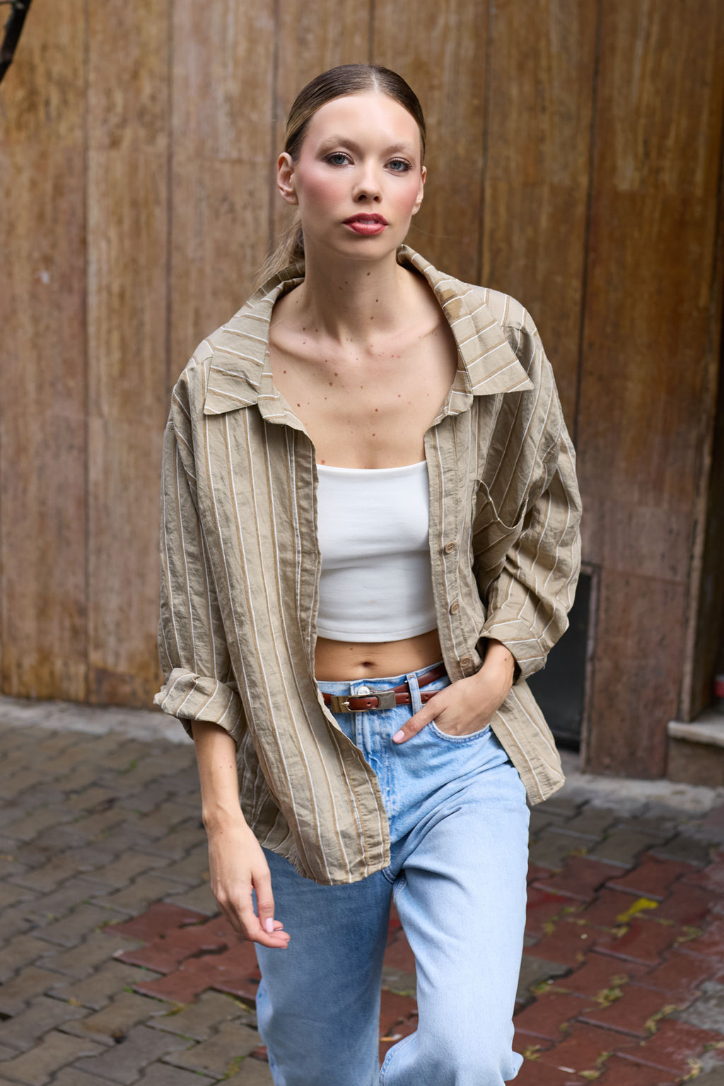 Yesil Cizgili Oversize/Genis Kal?p Dokulu Gomlek TWOAW26GO00083