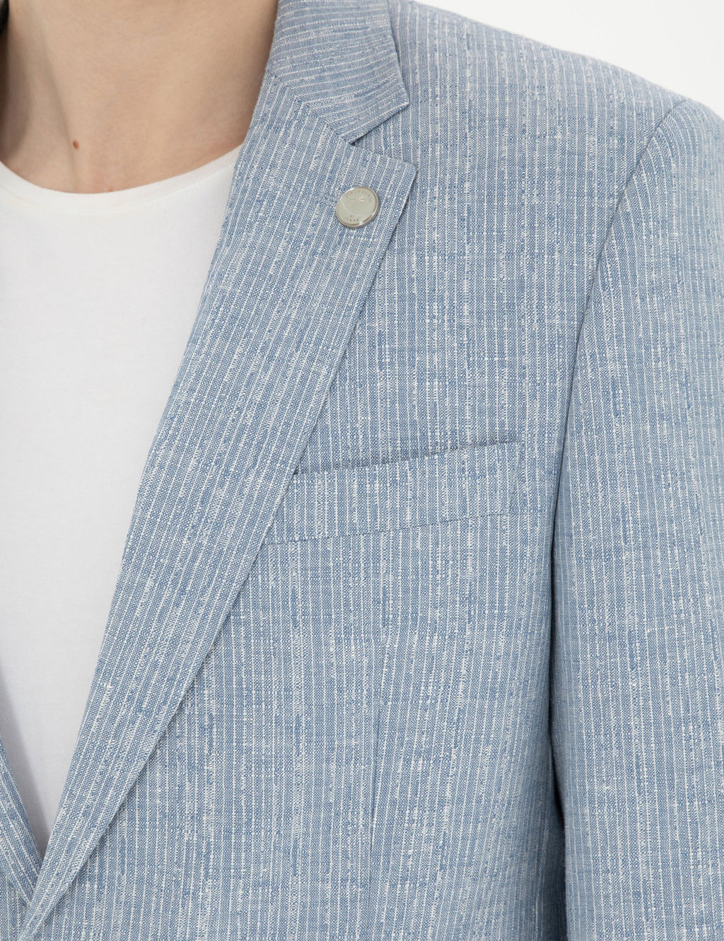 A__k Mavi Slim Fit Keten Kar___ml_ _izgili Tak_m Elbise