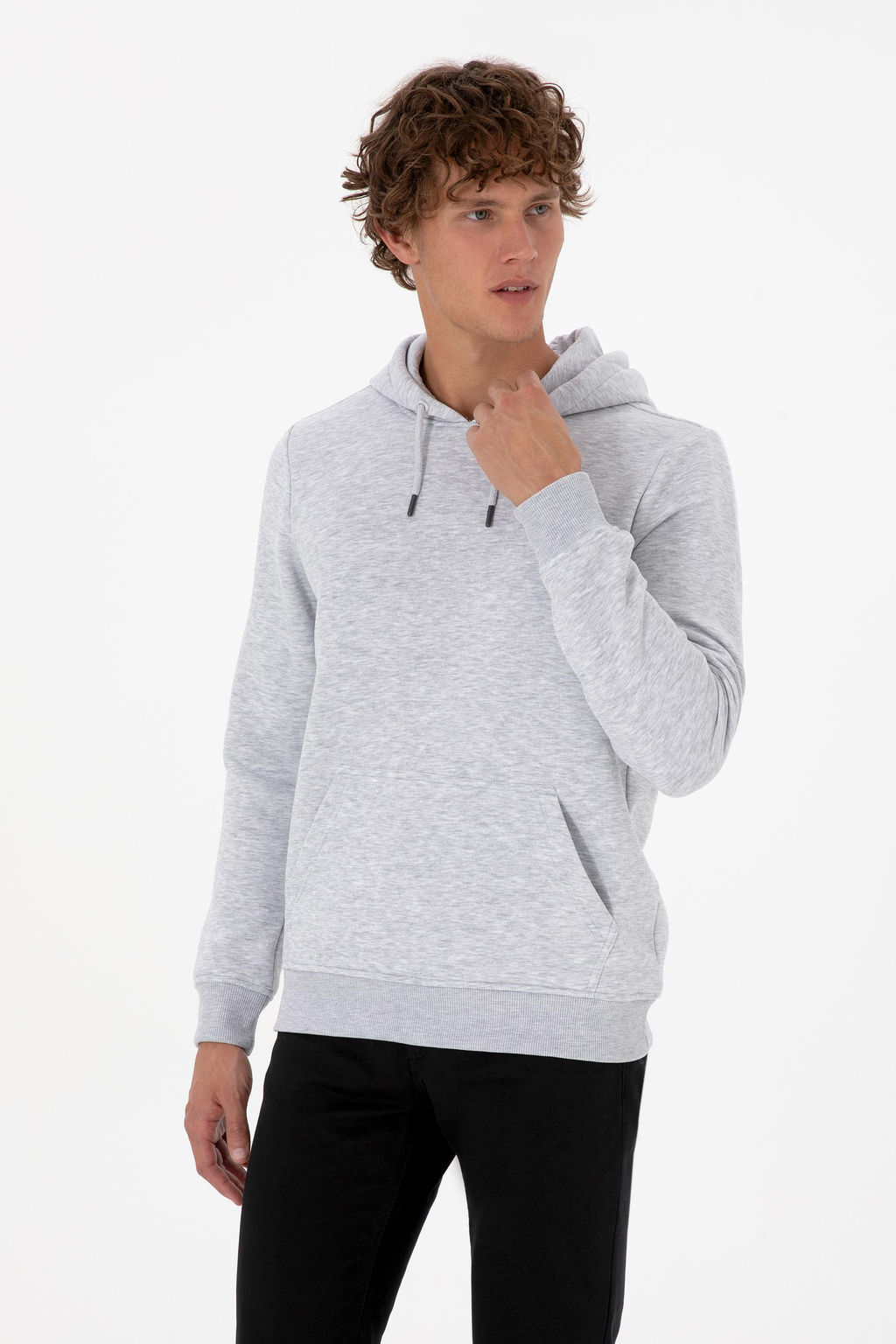 Erkek Regular Fit Kap__onlu _ardonlu A__k Gri Basic Sweatshirt