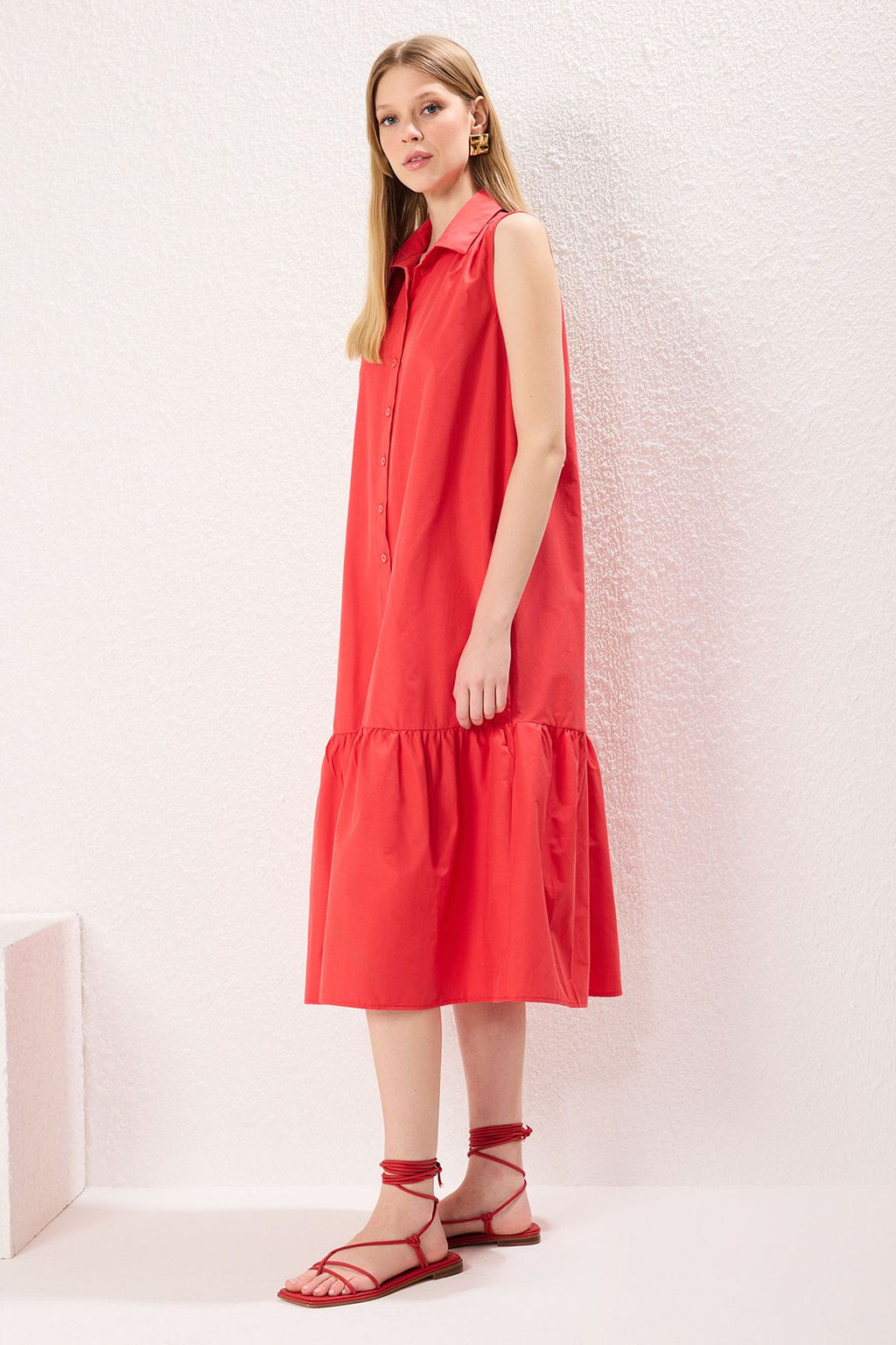 Nar Cicegi Duz Kesim Dugme Detayl? Midi Dokuma Gomlek Elbise TWOSS25EL00439 - Trendyolmilla фото 3