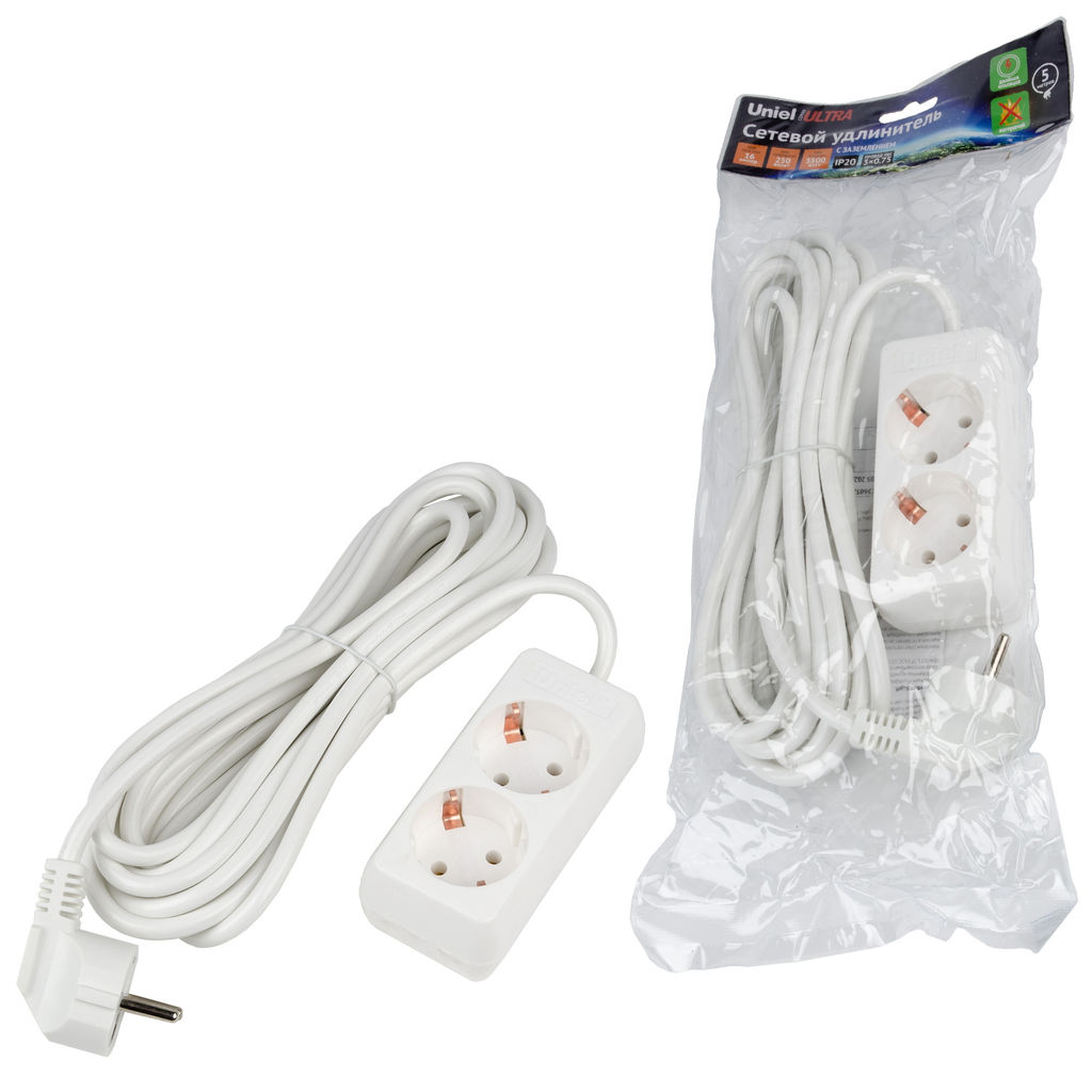S-GCU2-5 WHITE Удлинитель серии Ultra, шнур 5м., 2 гнезда, 16A, с/з. Белый. TM Uniel