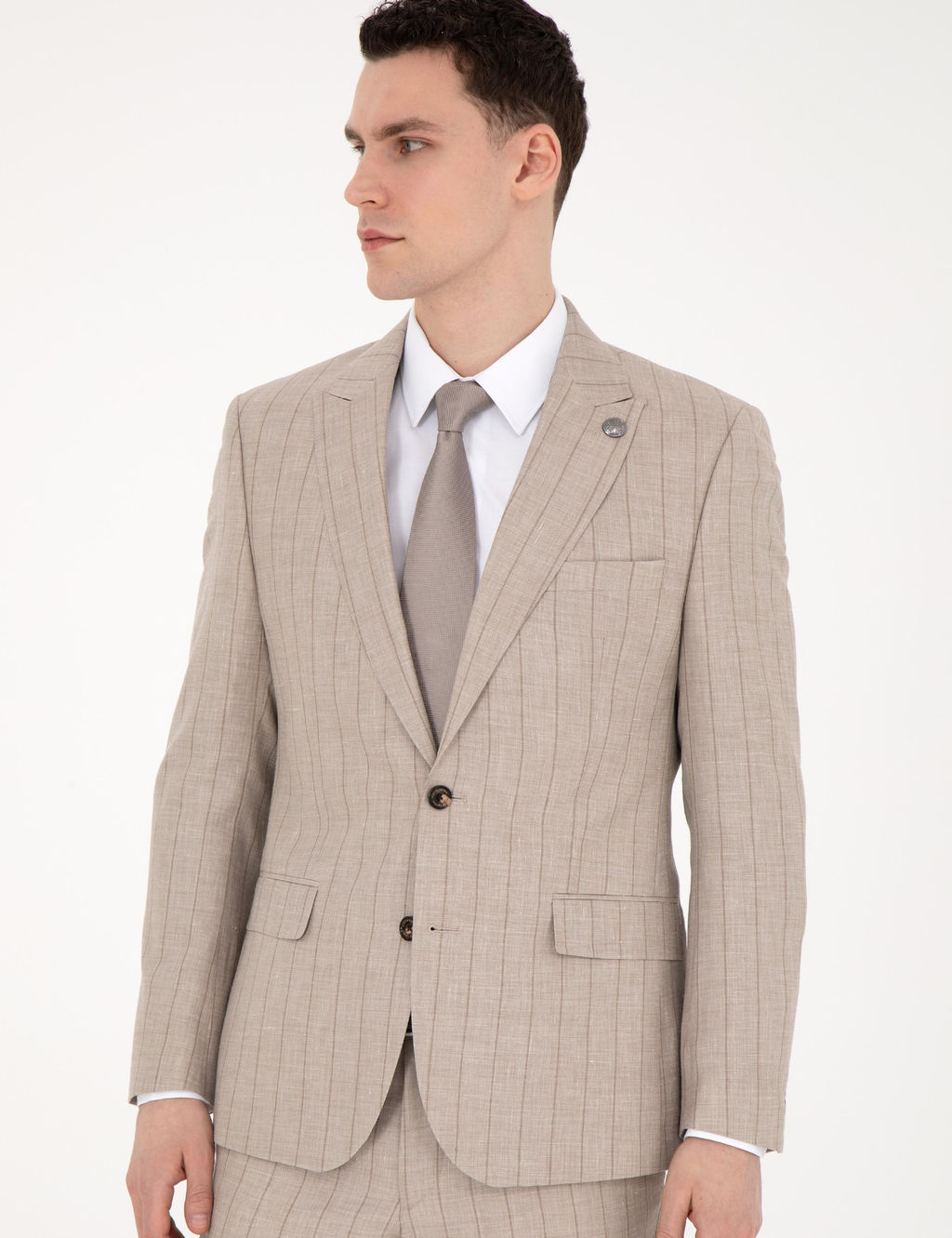 Bej Slim Fit Y_n Keten Kar___ml_ _izgili Tak_m Elbise