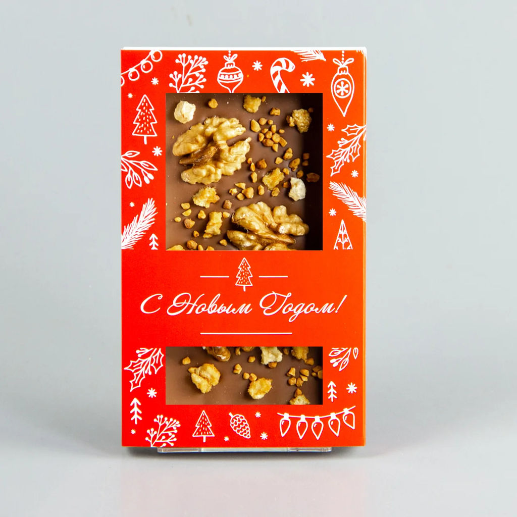 Молочный шоколад с грецким орехом, фундуком и карамелизированным фундуком, красная коробочка #2, 85гр