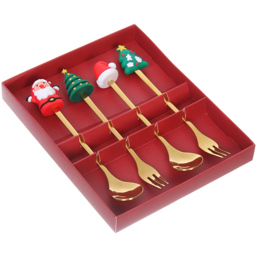 Набор для десерта "Дед Мороз и Ёлка" 4предмета (2ложки+2вилки) в подарочной коробке,золото