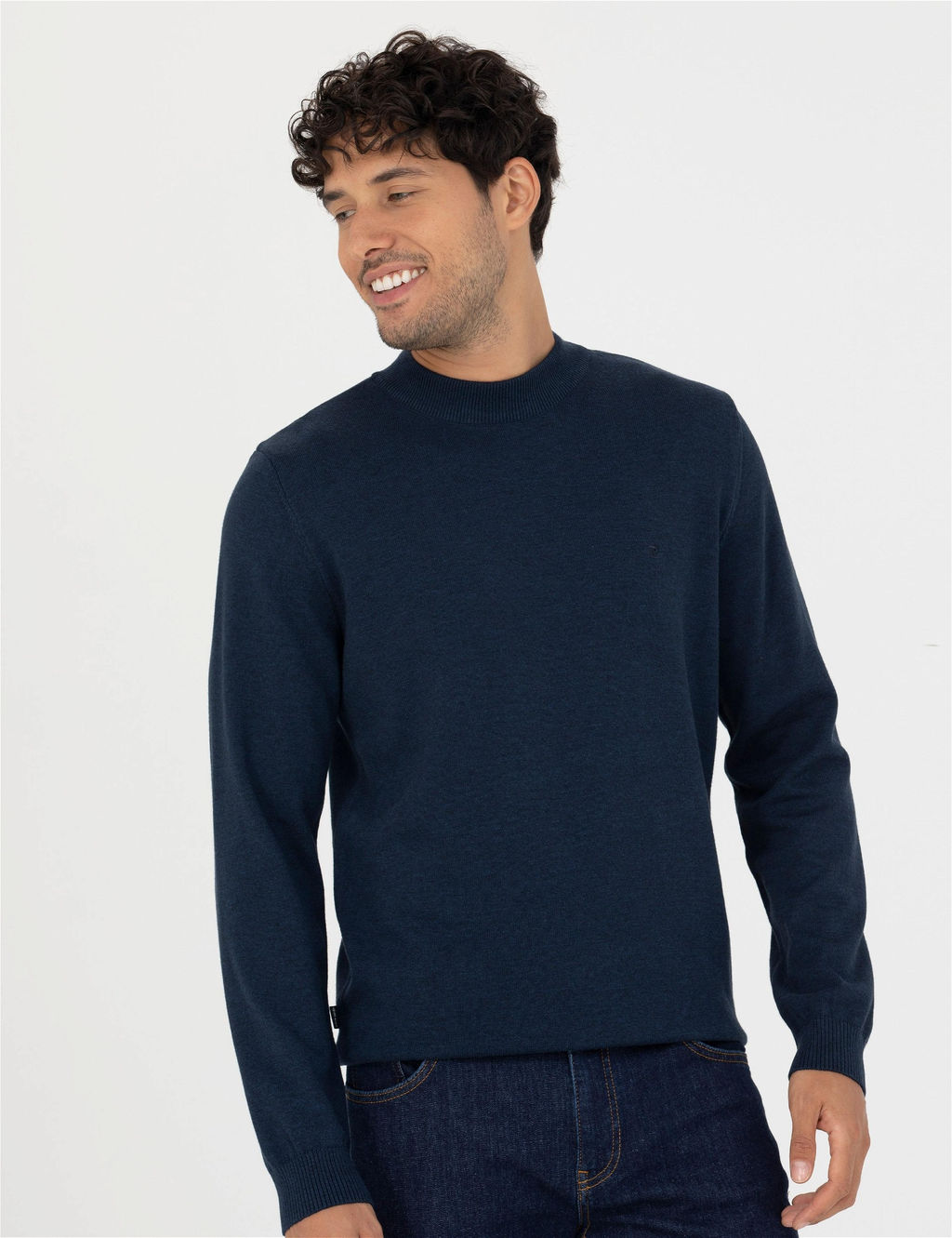 Lacivert Melanj Slim Fit Yar_m Bal_k__ Yaka Basic Triko Kazak