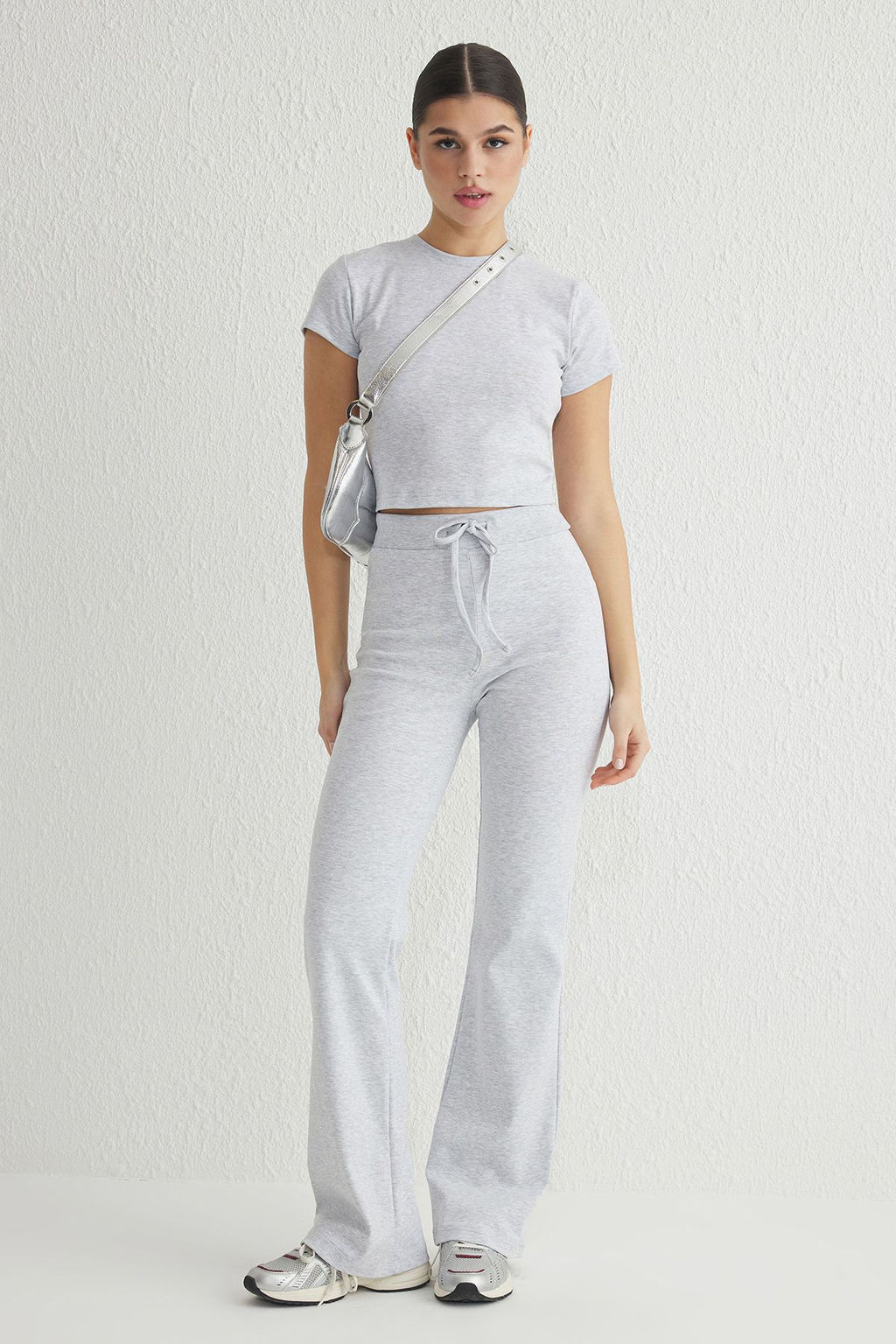 Gri Melanj Fitted/Vucuda Oturan Esnek Orme Alt - Ust Tak?m TWOSS25AU00053