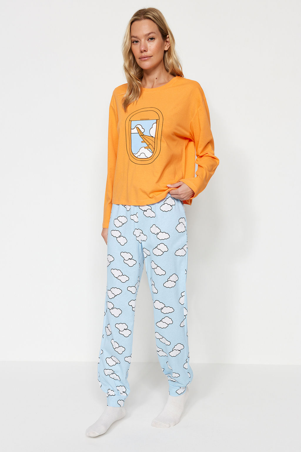 Turuncu %100 Pamuklu Bulut Desenli Tshirt-Jogger Orme Pijama Tak?m? THMAW24PT00005