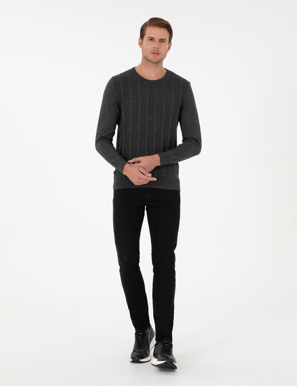 Antrasit Melanj Slim Fit Bisiklet Yaka Triko Kazak - Pierre cardin фото 4