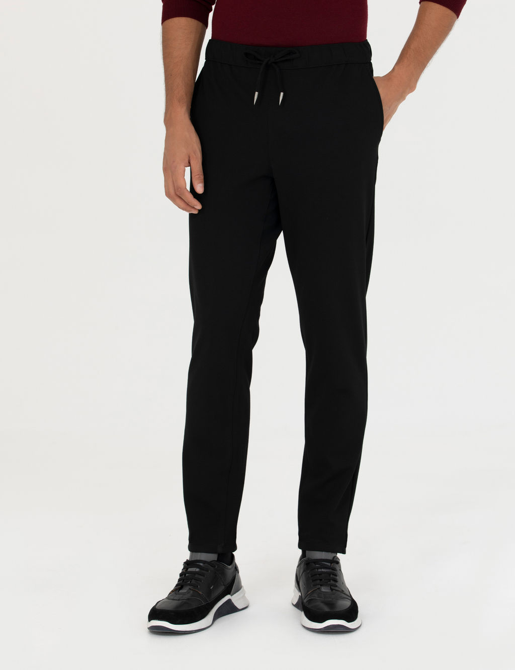 Siyah Slim Fit Beli Lastikli Ba_c_kl_ Kanvas Pantolon