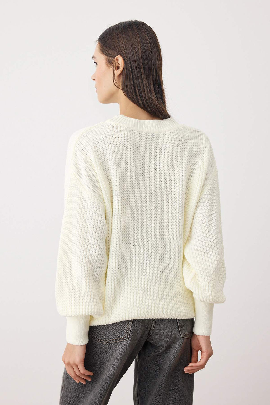 Ekru Genis Kal?p Basic Triko Kazak TWOAW23KZ01448