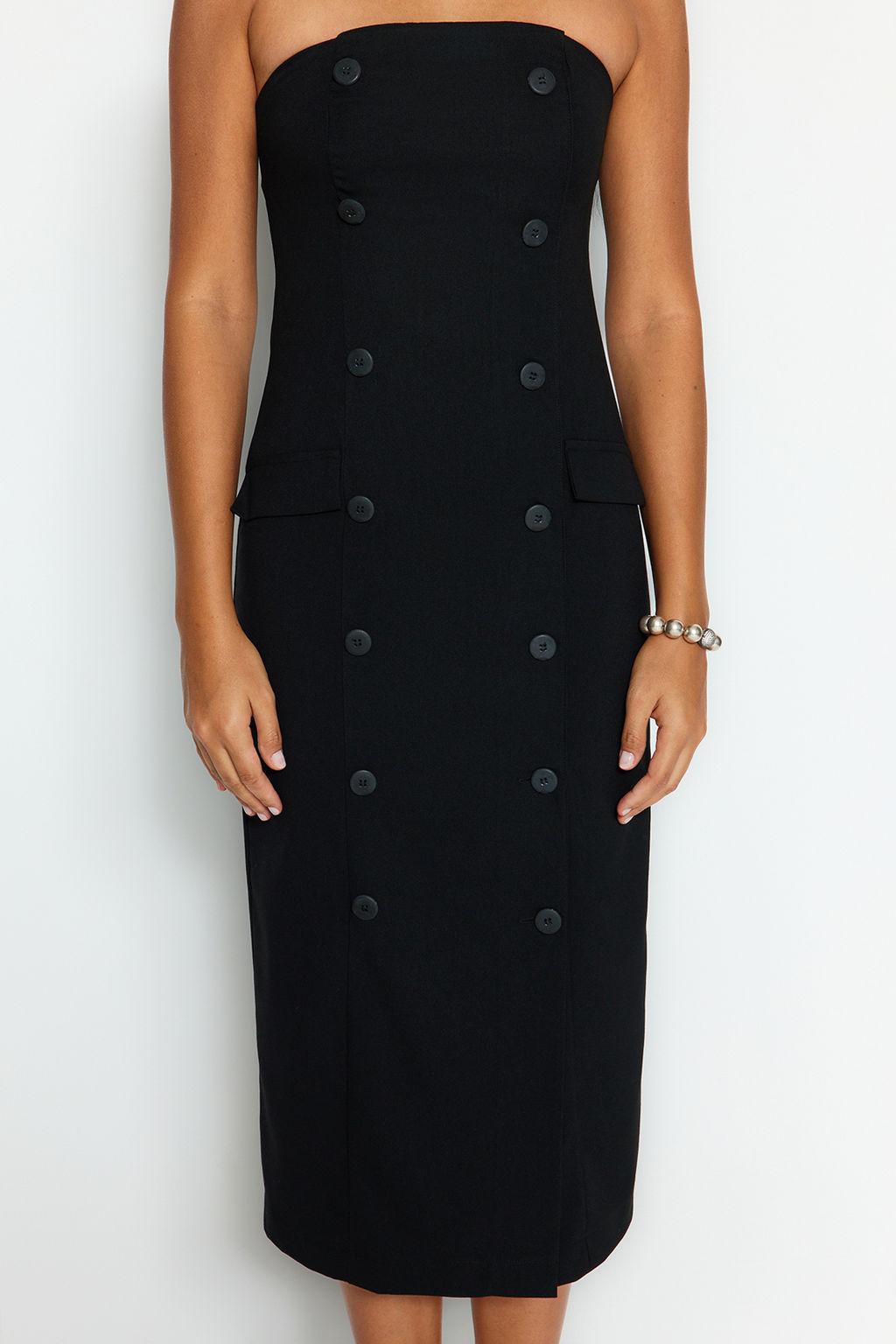 Siyah Duz Kesim Dugme Detayl? Straplez Midi Dokuma Elbise TWOAW24EL00418 - Trendyolmilla фото 10