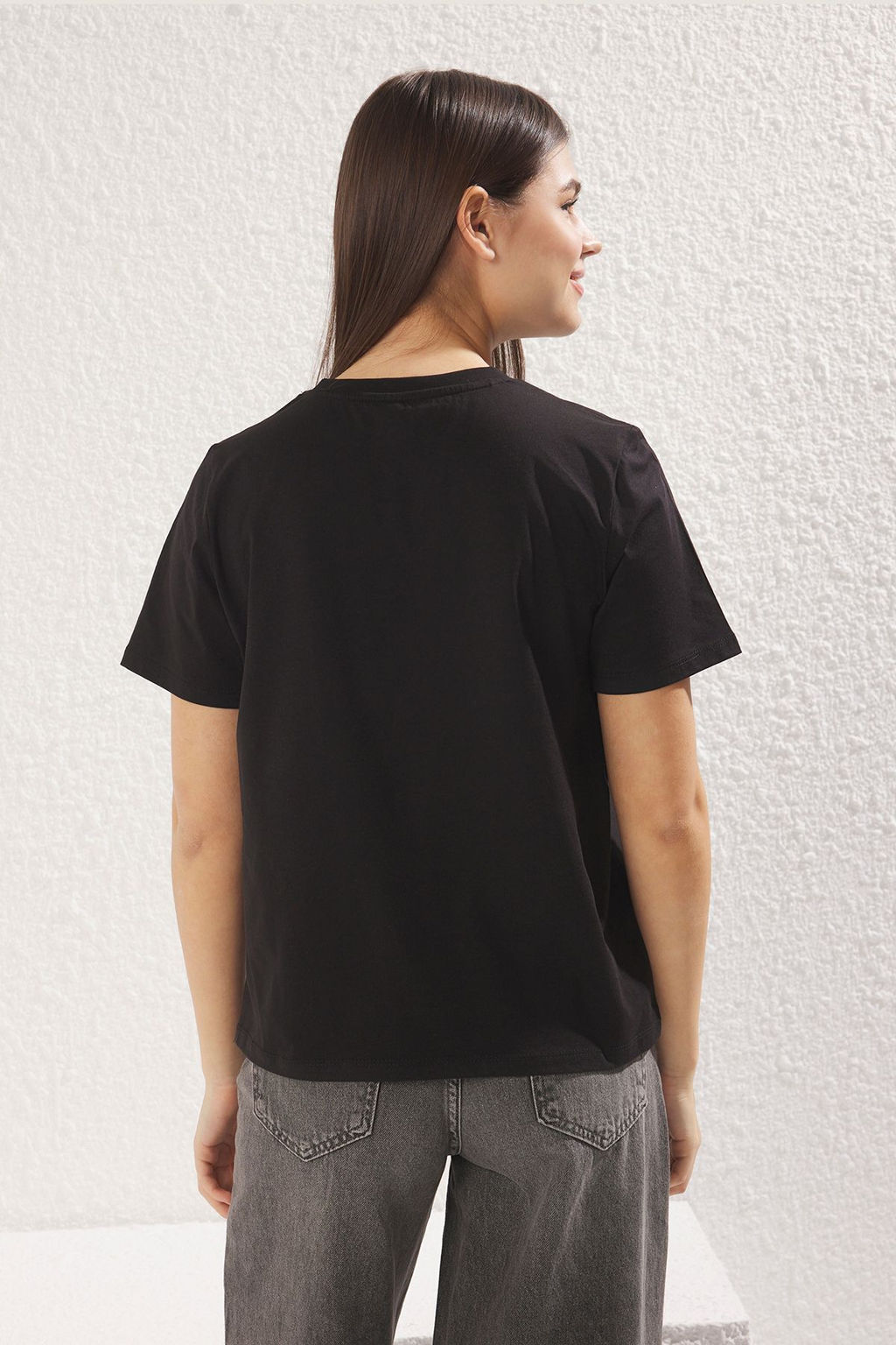 Gri Melanj- Siyah Basic %100 Pamuk Bisiklet Yaka 2li Paket Orme T-Shirt TWOSS20TS0141