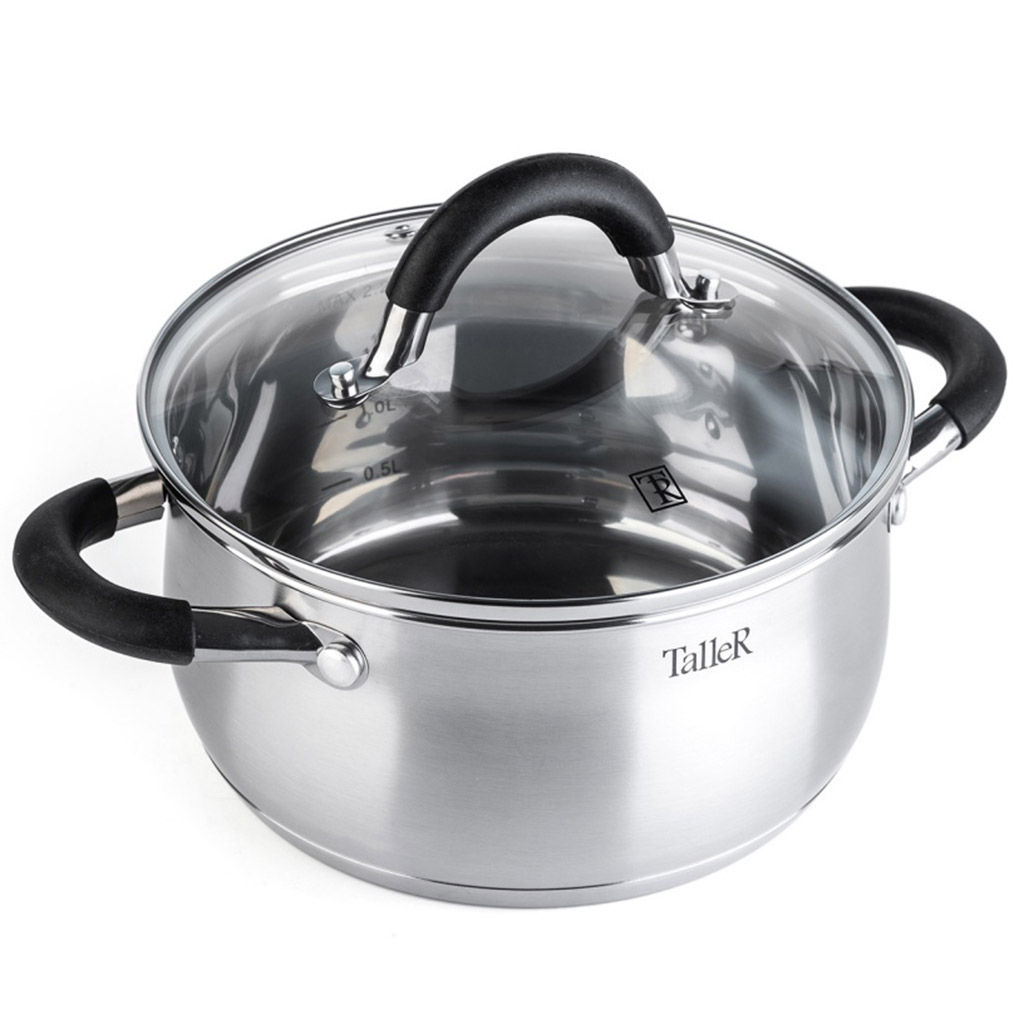 Кастрюля из нержавеющей стали Шелборн 2,2л, д18см, h9см, s0,6мм, дно s2,8мм, стеклянная жаропрочная крышка, стальной обод, пароотвод, силиконовые вставки черного цвета, капсулированное дно, полировка внешняя - матовая, внутренняя - зеркальная, мерн - Домашняя мода фото 2